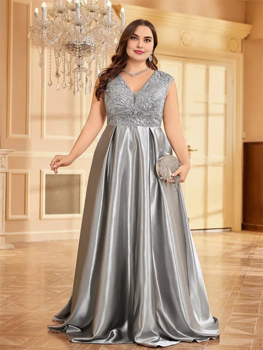 Beautiful A-line V-neck Cap Sleeve Zipper Up Floor-Length Plus Size Prom Dress